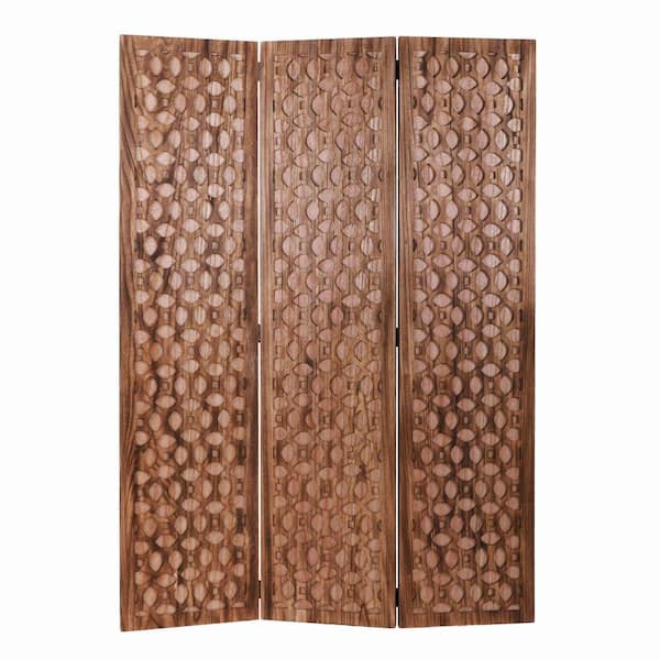 Benjara Brown 3-Panel Transitional Wooden Screen with Leaf Like Carvings