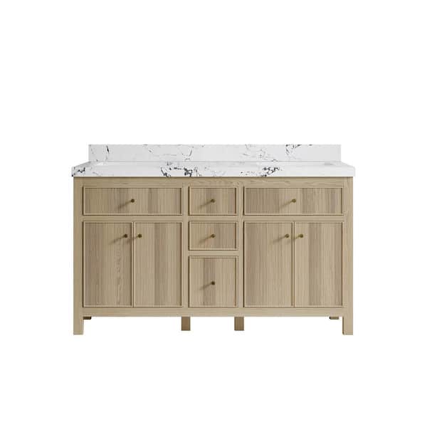 Willow Collections Sonoma Oak 60 in. W x 22 in. D x 36 in. H Double Sink Bath Vanity in White Oak with 2 in. Viola Night Qt. Top