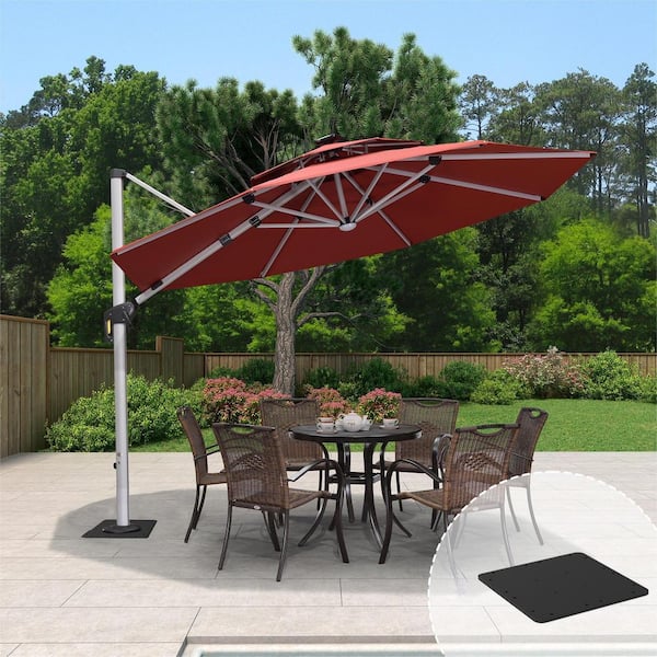 PURPLE LEAF 11 ft. Octagon Aluminum Solar Powered LED Patio Cantilever Offset Umbrella with Base Plate, Brick Red
