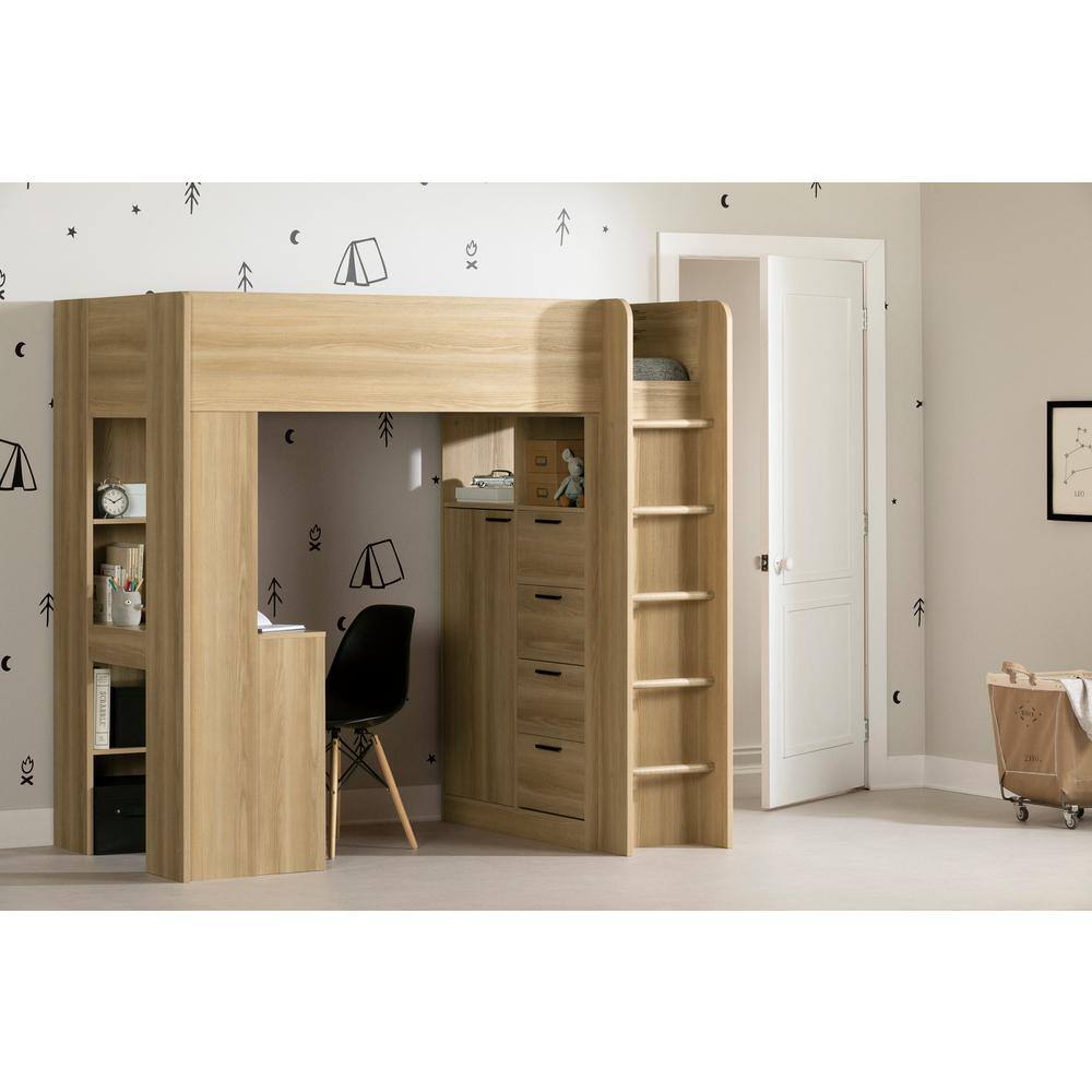 Natural Twin Loft Bed with Desk and Storage Drawers