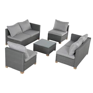 5-Piece Wicker Outdoor Patio Conversation Set with Light Gray Cushions and Glass Coffee Table