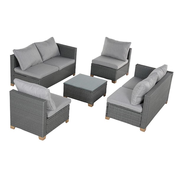 Sudzendf 5-Piece Wicker Outdoor Patio Conversation Set with Light Gray Cushions and Glass Coffee Table