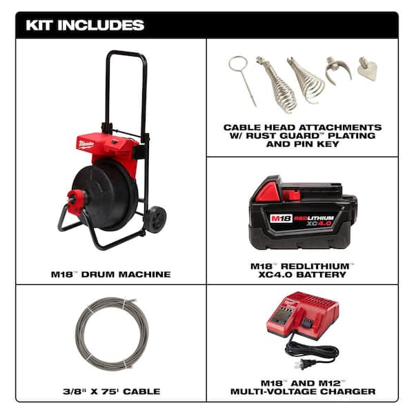 Milwaukee M18 18V Lithium-Ion 3/8 in. x 75 ft. Cordless Drain Cleaning Drum  Machine Kit w/CABLE DRIVE & Front Guide Hose