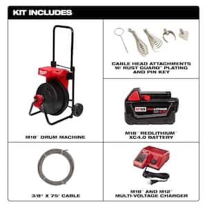 M18 18- Volt Lithium-Ion Cordless Drain Cleaning Drum Machine 3/8 in. x 75 ft. Cable Kit and 3/8 in. x 100 ft. Cable
