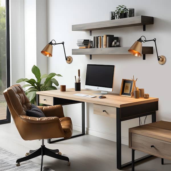 Brass Plug-in/Hardwired Swing Arm Wall Lamp, Set of 2, 1-Light Modern Transitional Wall Sconce for Desk Table, Bedroom