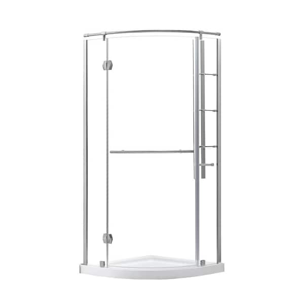 Glamour 32 in. x 73.90 in. Semi-Frameless Pivot Shower Door in Satin Nickel with 32 in. x 32 in. Base in White