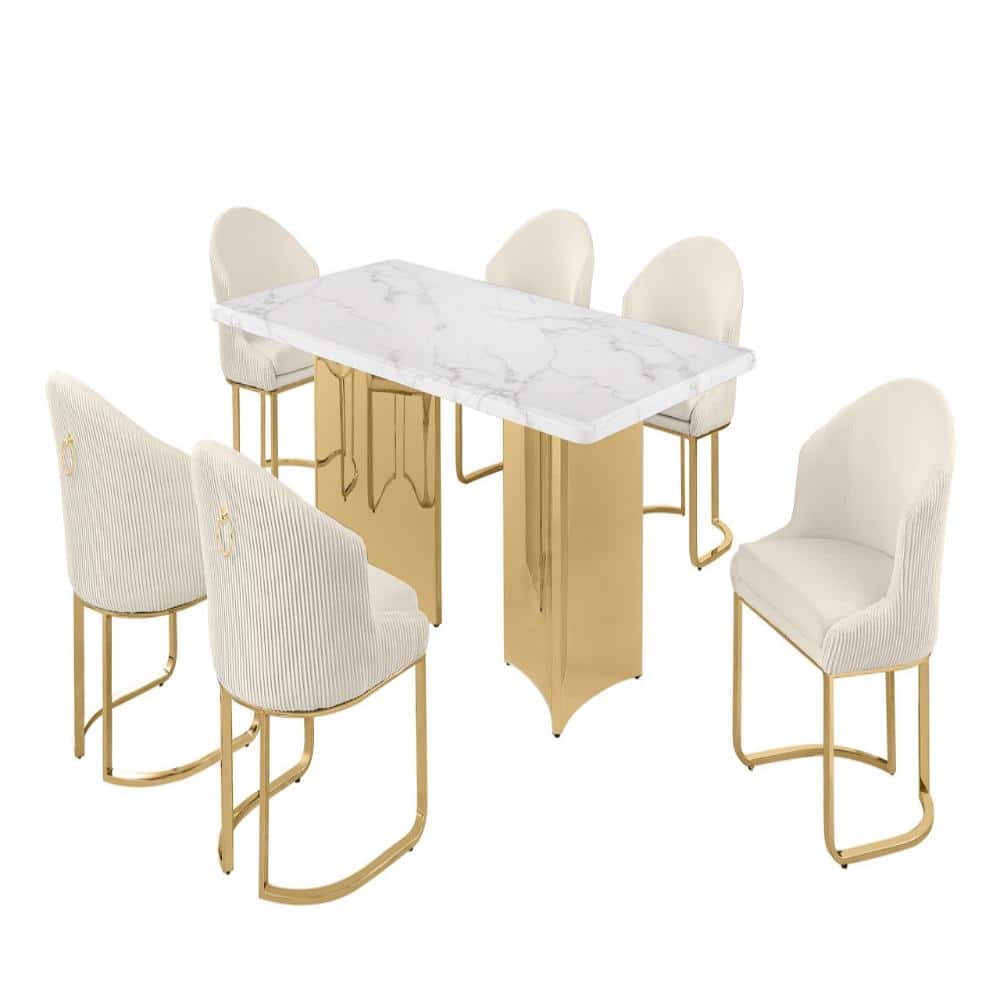 Elise 7-Piece Rectangle White Marble Top Gold Stainless Steel Base Dining Set With 6 Cream Chairs price history on PriceWatchPro