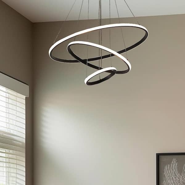 YANSUN 120-Watt Integrated 3 Ring LED Black Modern Chandelier Light,Hanging Pendant Light Fixture for Kitchen Dining Room