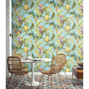 30.75 sq. ft. Sky Blue Pineapple Floral Vinyl Peel and Stick Wallpaper Roll