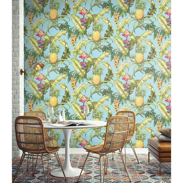 30.75 sq. ft. Sky Blue Pineapple Floral Vinyl Peel and Stick Wallpaper Roll