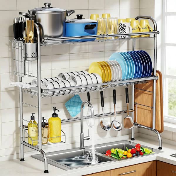 Silver Standing Dish Rack, Stainless Steel 2-Tier Over The Sink Dish Drying Rack with Utensil Holder for Kitchen Counter