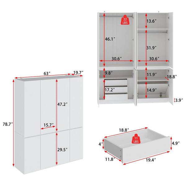 FUFU&GAGA 1-Piece White Wood 63 in. W Bedroom Armoire Set with 8