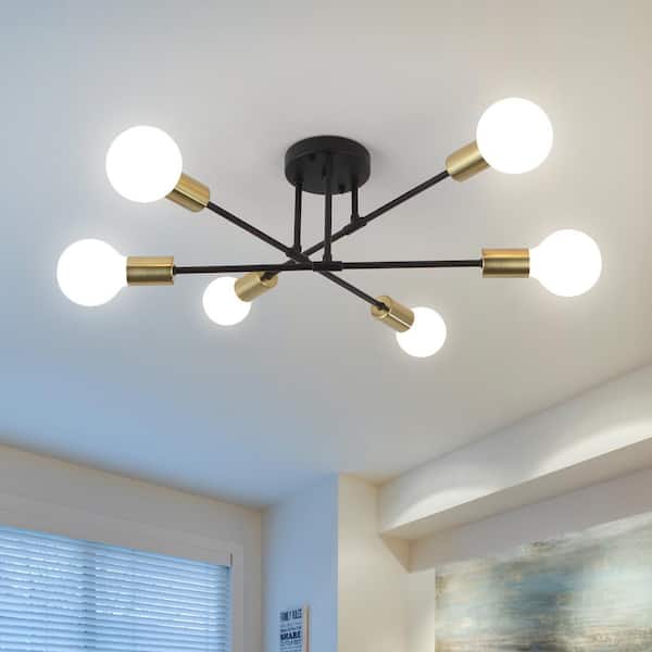 LWYTJO 20.66 in. 6-Light Black/Gold Dimmable Sputnik Chandelier Modern Linear Semi Flush Mount Ceiling Light for Living Room