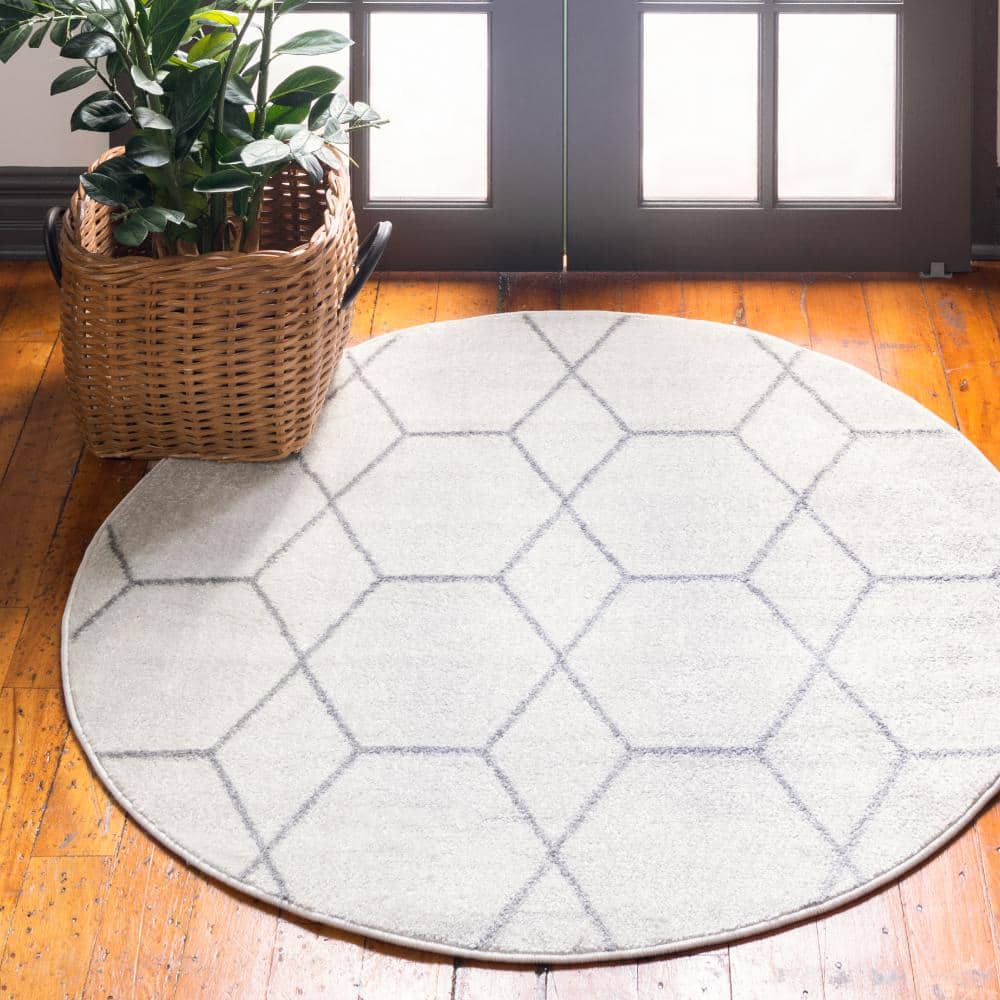 Ivory and Gray Round Trellis Synthetic Area Rug