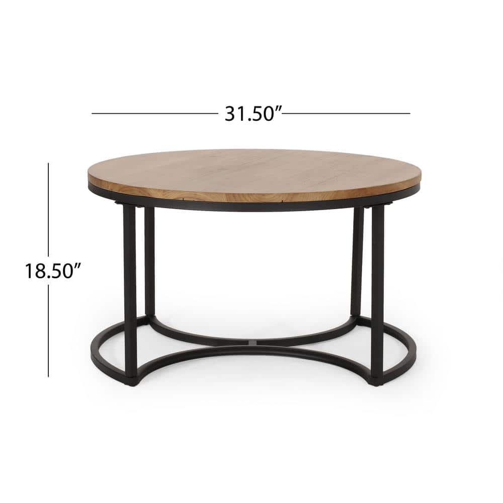 Antique Brown and Black Round Fir Wood and Metal Nesting Coffee Tables Set
