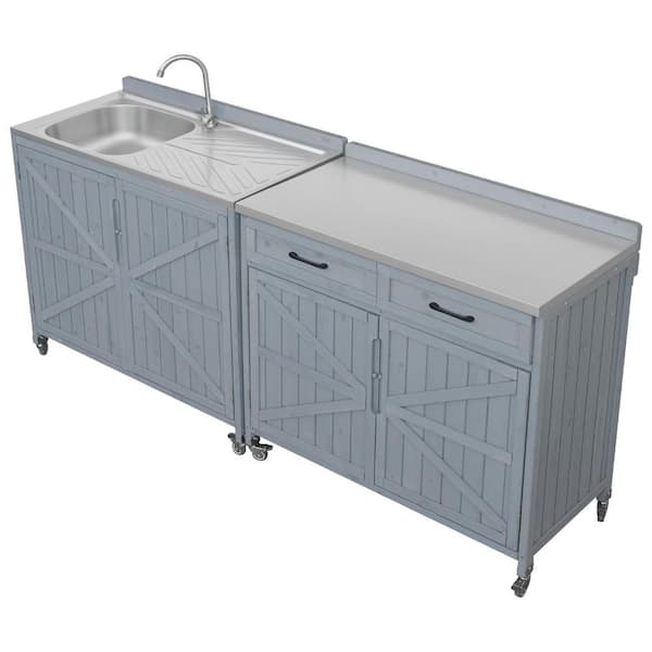 Grey Blue 39.4 in. x 21 in. x 38.7 in. Outdoor Kitchen Cabinet Kitchen Island with Faucet, Drawer, Shelves and Wheels