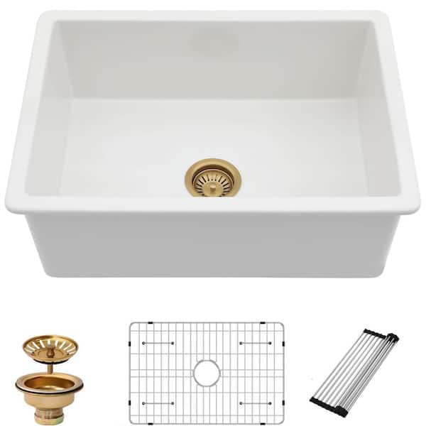 27 in. Dual Mount Single Bowl White Fireclay Porcelain 10 in. Deep Undermount and Drop-In Kitchen Sink