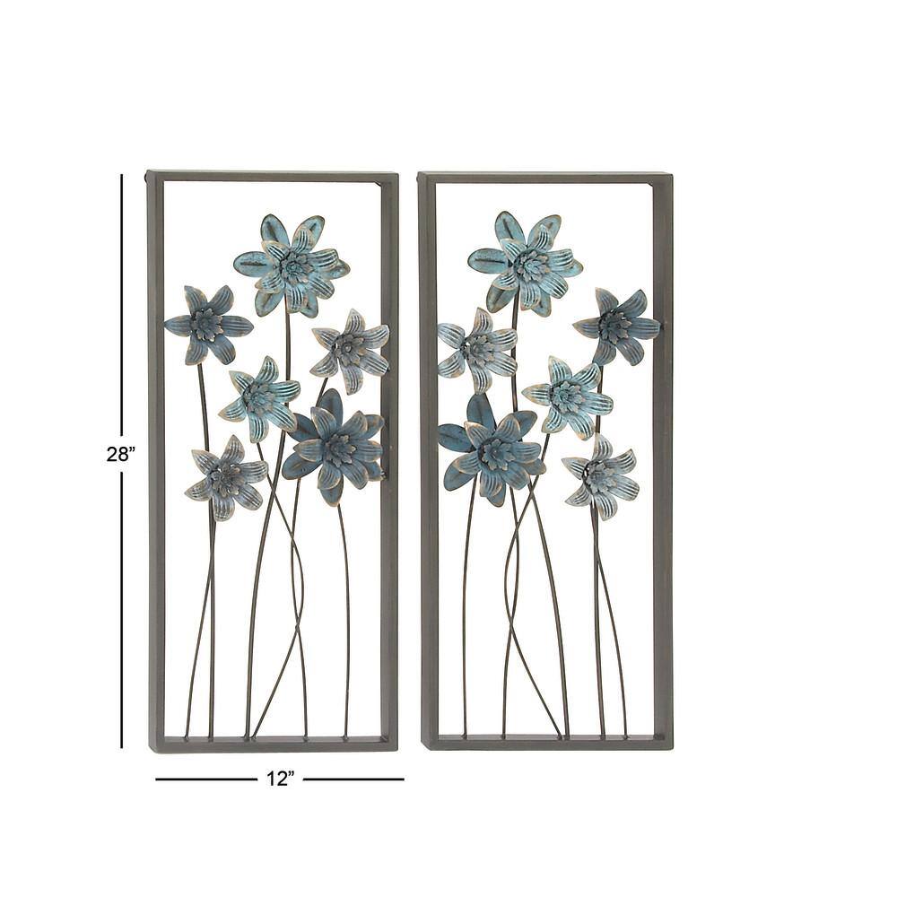 Elegant Gray and Blue Floral Metal Wall Sculptures (Set of 2)