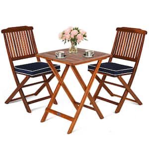 3-Piece Wood Folding Square Garden Yard Outdoor Bistro Set with Blue Cushions