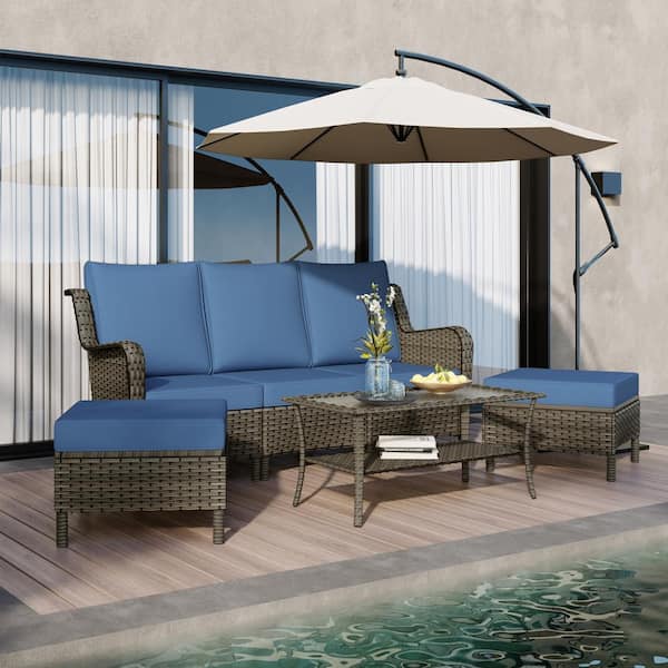 Uixe Taupe Brown 6-Piece PE Wicker Outdoor Sofa Patio Conversation and Coffee Table, Ottoman Set with Blue Cushions