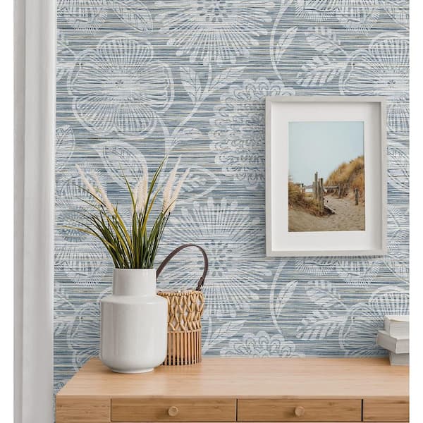 17.08 sq. ft. Bluestone Faux Grass Floral Vinyl Peel and Stick Wallpaper Roll