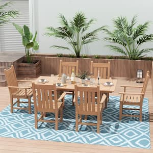 Hayes 7-Piece HDPE Plastic All Weather Outdoor Patio Trestle Table Dining Set with Armchairs in Teak