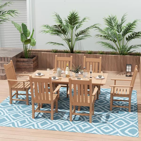WESTIN OUTDOOR Hayes 7-Piece HDPE Plastic All Weather Outdoor Patio Trestle Table Dining Set with Armchairs in Teak