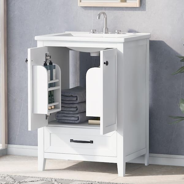 24 in. W Freestanding Bath Vanity in White with White Ceramic Top, One Drawer and Doors, Solid Wood