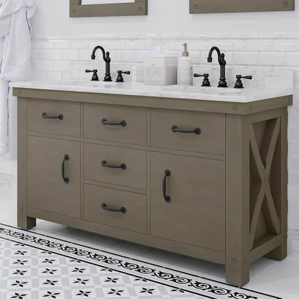 Water Creation Aberdeen 60 in. W x 34 in. H Vanity in Gray with Marble Vanity Top in Carrara White with White Basins
