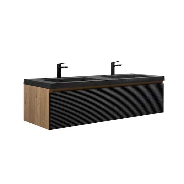 TN 59 in. W x 19.63 in. D Double Sink Floating Bath Vanity in Mature Oak with Matte Black Quartz Top