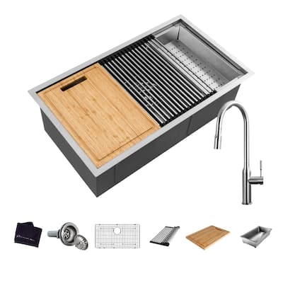 All-in-One Undermount Stainless Steel 27 in. Single Bowl Kitchen Workstation Sink with Faucet and Accessories Kit