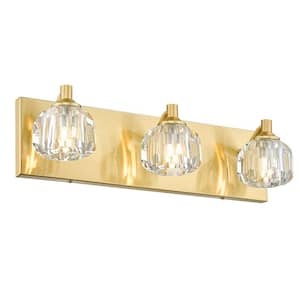 Modern 16 in. 3-Light Brushed Gold Vanity Light Over Mirror with Crystal Shade