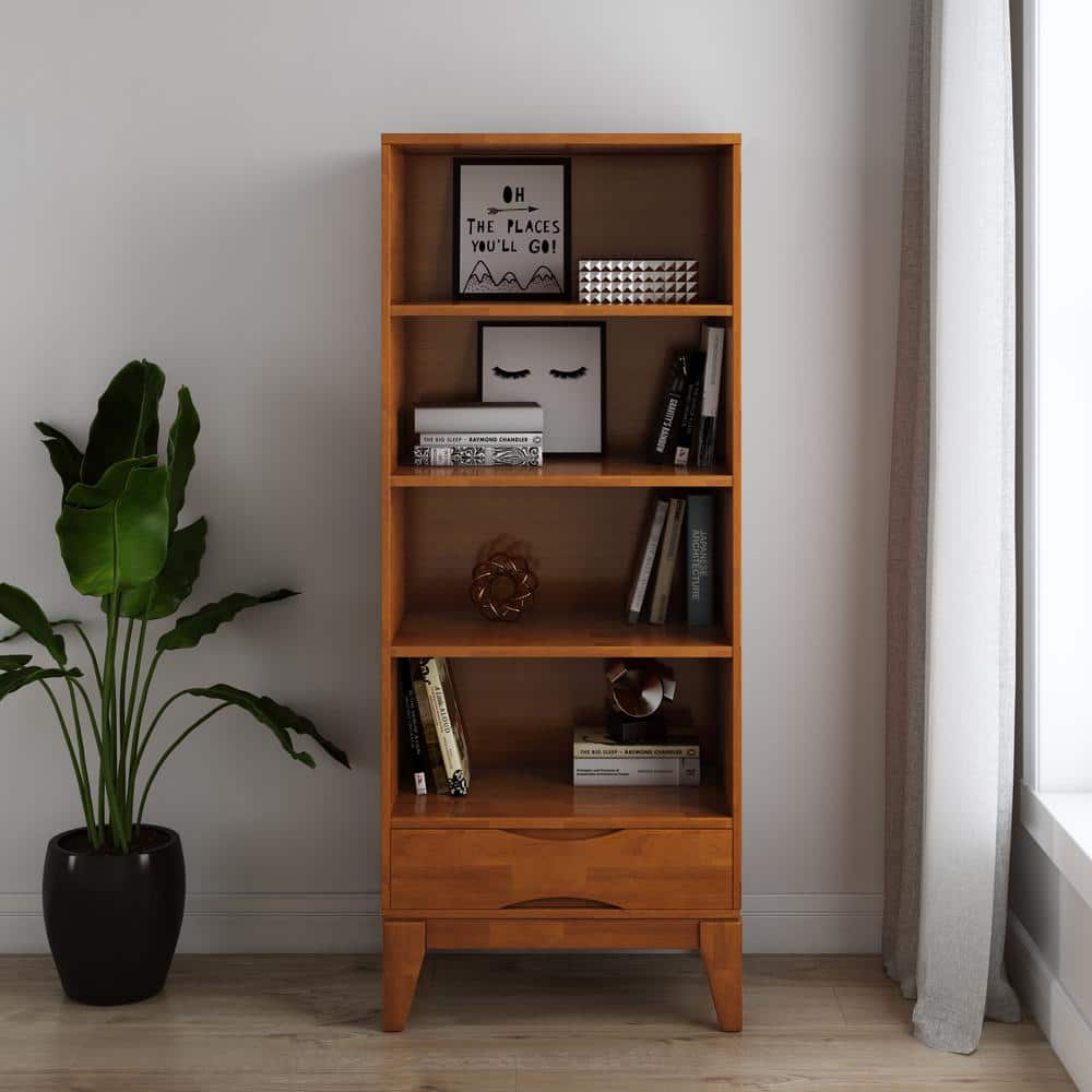 Adjustable Teak Brown Wood Bookcase with Storage