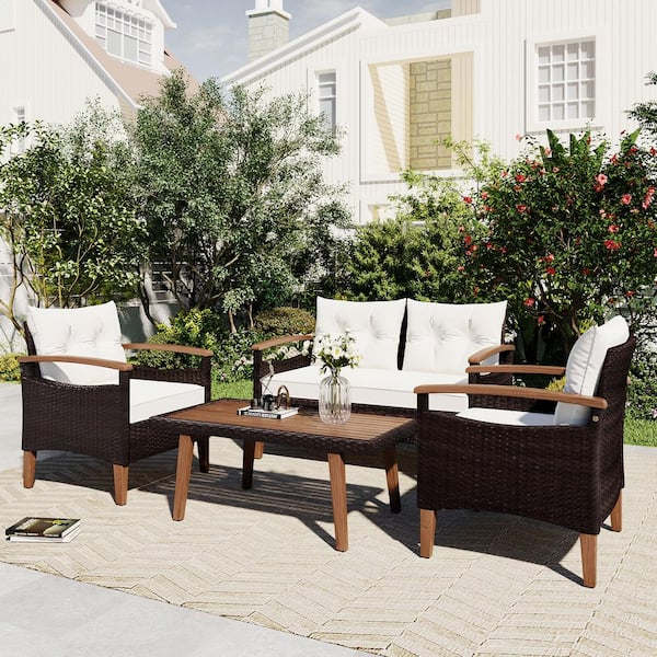 Brown 4-Piece Wood Patio Conversation Set with Beige Cushions