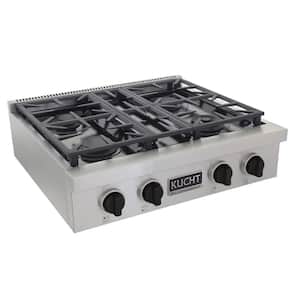 Professional 30 in. Natural Gas Range Top in Stainless Steel and Tuxedo Black Knobs with 4 Burners