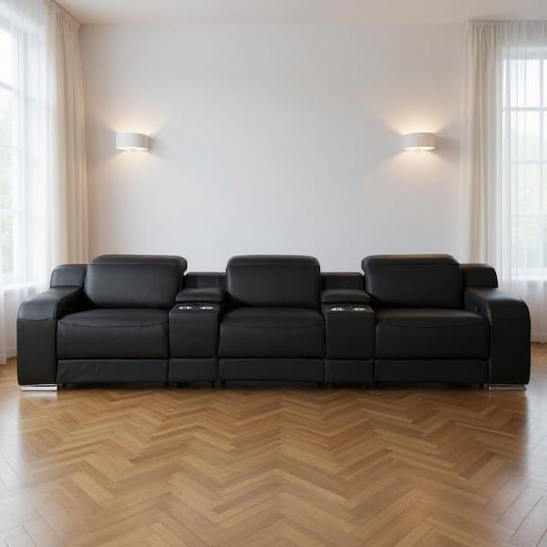 129.00 in. Straight Arm Leather Curved Sofa Black