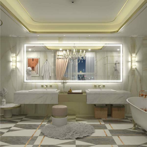 84 in. W x 32 in. H Rectangular Frameless Front & Back LED Lighted Anti-Fog Tempered Glass Wall Bathroom Vanity Mirror