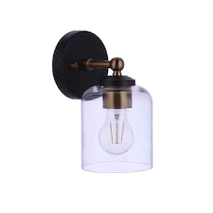 Coppa 1-Light Flat Black/Satin Brass Finish Wall Sconce with Clear Glass Shade