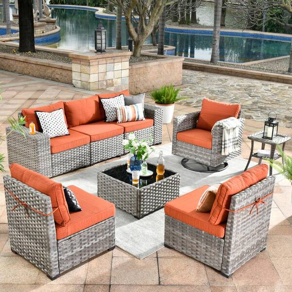HOOOWOOO Tahoe Grey 8-Piece Wicker Outdoor Patio Conversation Sofa Set with a Swivel Rocking Chair and Orange Red Cushions