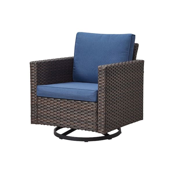 Brown Swivel Wicker Outdoor Lounge Chair with Blue Cushions