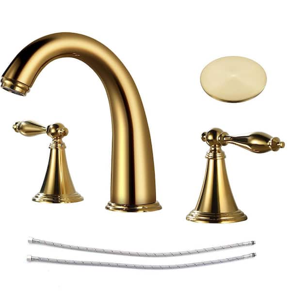 Double handle 8 in. Widespread Bathroom Faucet 3-Hole Bathroom Sink Faucet in Polish Gold