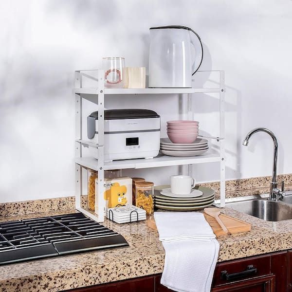 2-Shelf White Adjustable Expandable Stackable Cabinet Shelf Organizer Rack Kitchen Counter Storage Stand