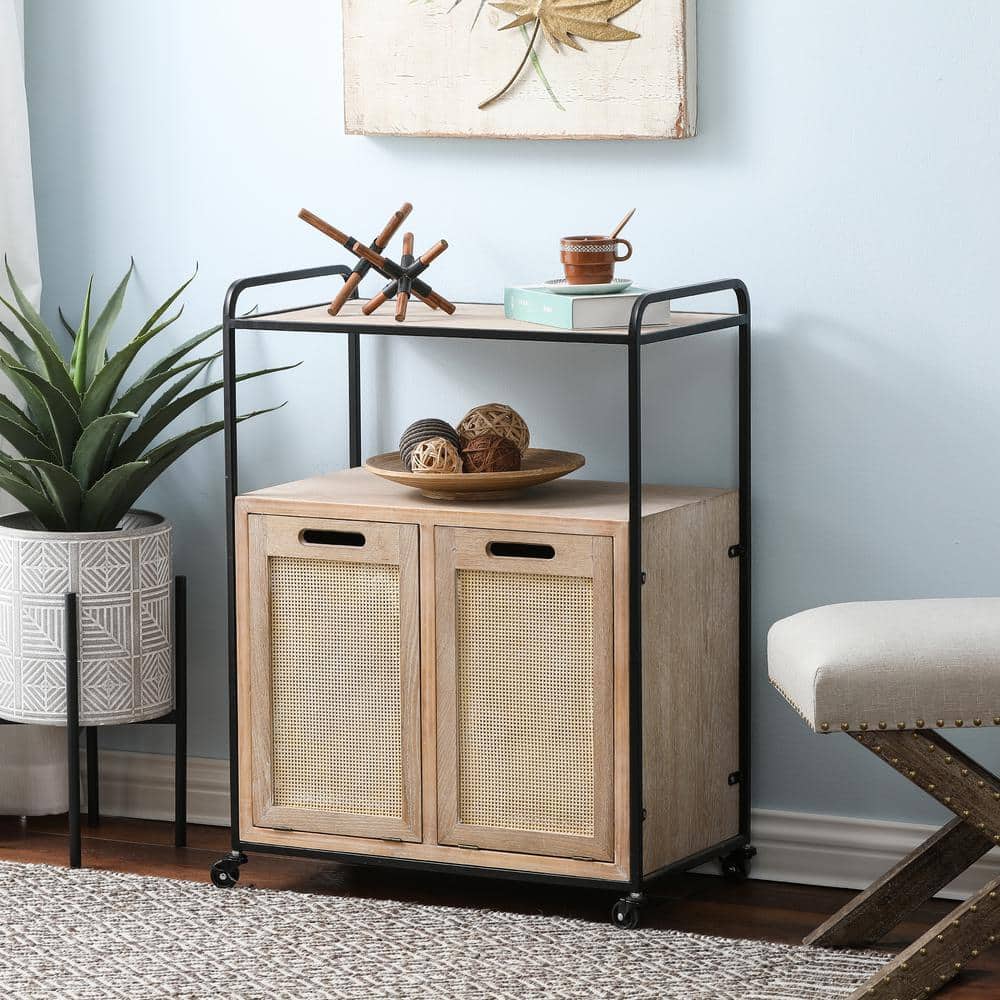 Natural Wood and Rattan Mobile Storage Cart with Wheels