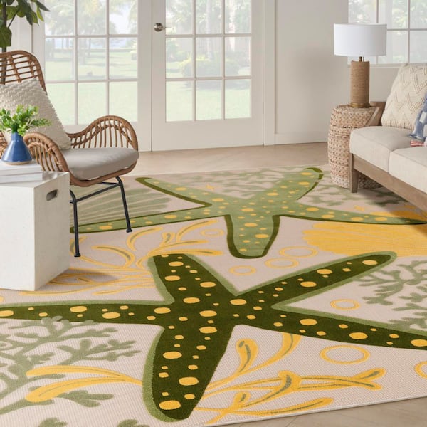 Aloha Green Yellow 8 ft. x 11 ft. Nautical Contemporary Indoor/Outdoor Area Rug