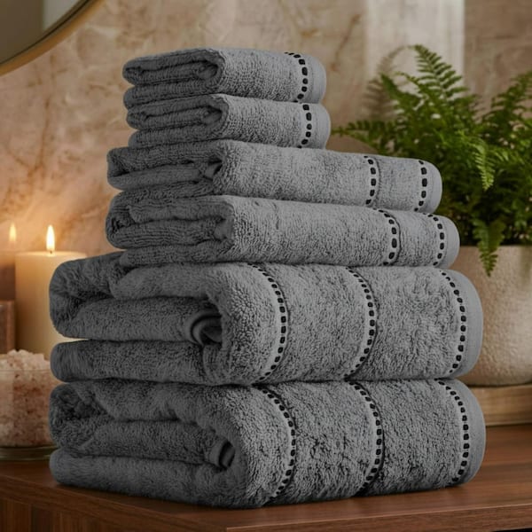 6-Piece Silver/Black Luxury Quick Dry 100% Cotton Bath Towel Set
