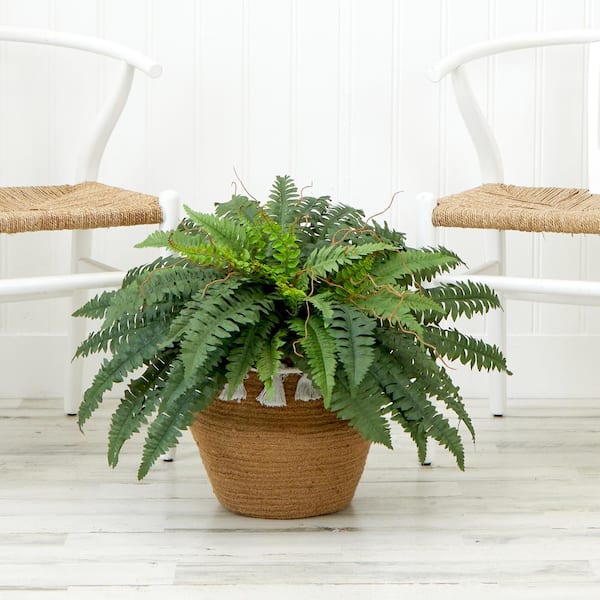 Nearly Natural 23 in. Artificial Green Boston Fern Plant in Handmade Jute and Cotton Basket with Tassels DIY Kit