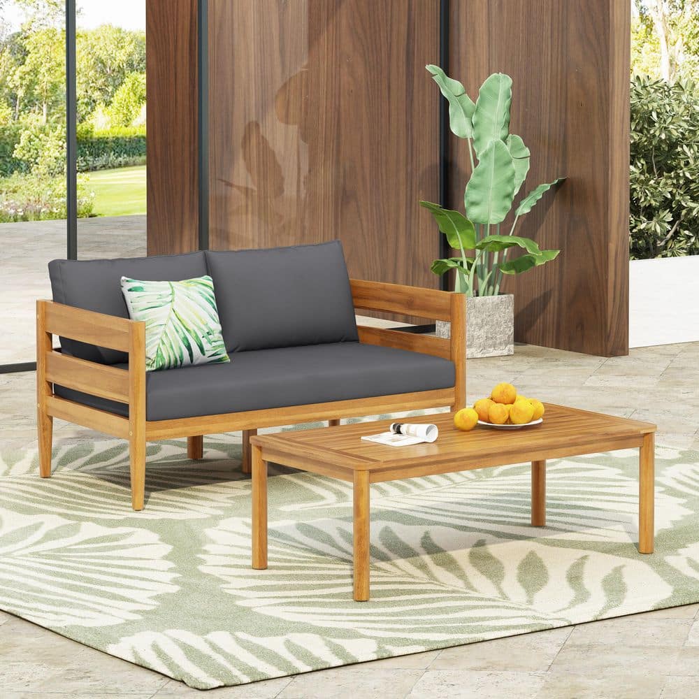 Fay Outdoor Acacia Wood Loveseat and Coffee Table Set Patio Conversation Set with Dark Gray Cushions,Curved,Teak Finish price history on PriceWatchPro