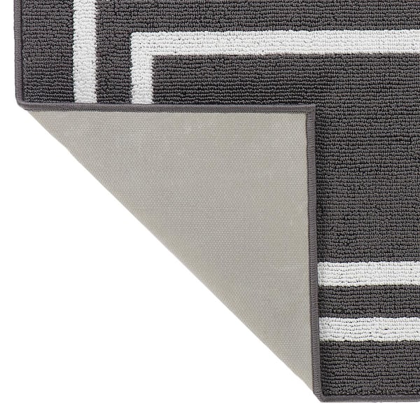 Double Line Dark Gray/White 2 ft. x 5 ft. Tufted Border Polypropylene Runner Rug