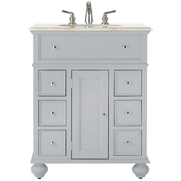 Hampton Harbor 28 in. W x 22 in. D x 35 in. H Single Sink Freestanding Bath Vanity in Gray with White Marble Top