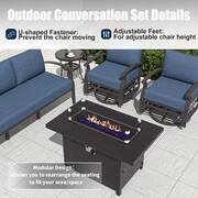 7-Piece Aluminum Patio Conversation Set with armrest, Firepit Table, Swivel Rocking Chairs and Cushion Navy Blue